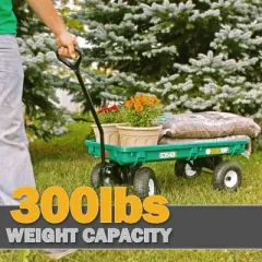 FARM-TUFF Durable Plastic Deck Garden Wagon Utility Cart with Pneumatic Tires, Green, 20" x 38"