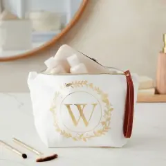 Gold Initial W Personalized Makeup Bag for Women, Monogrammed Canvas Cosmetic Pouch (White, 10 x 3 x 6 In)