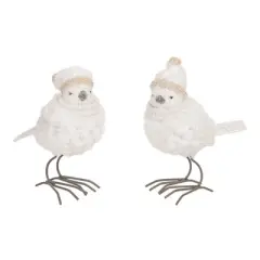 Transpac Large Resin Fuzzy Bird Figurines Set of 2 Decorative Christmas Tabletop and Mantel Decor Indoor Gift