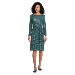 Lands' End Women's Long Sleeve Lightweight Cotton Modal Boatneck Tie Waist Dress