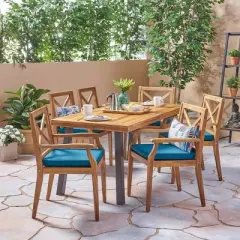 Juniper 7pc Acacia Wood Dining Set - Teak/Blue - Christopher Knight Home