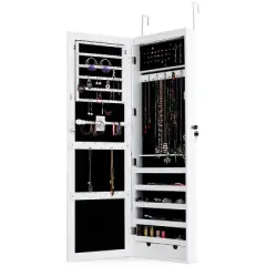Tangkula Wall Mounted Mirrored Jewelry Organizer White Armoire Cabinet w/ LED & Lock