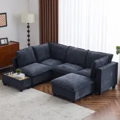 Whisen 90" U-shaped Sectional Sofa Modular Sofa Couch with a Movable Ottoman , a Coffee Table with Hidden Charging Devices