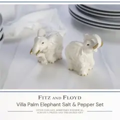Fitz and Floyd Villa Palm Elephant Salt & Pepper Shaker Set, Handcrafted Earthenware with Golden Accents - Stunning Elephant Salt & Pepper Shakers