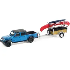 2021 Jeep Gladiator Texas Trail Pickup Hydro Blue Pearl w/Canoe Trailer, Rack & Kayak 1/64 Diecast Model Car by Greenlight