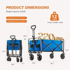 Syemin Trolley and Lawn Cart, 400L Foldable Garden Cart, Large Capacity, Suitable for Beach, Camping, Shopping Garden, Blue, 29.5" * 18.5" * 26.6"