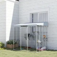 PawHut Large Catio Outdoor Cat Enclosure, Galvanized Steel Outdoor Cat House with 420D Waterproof Canopy for 1-3 Large Cat, Walk-in Cat Cage, Silver