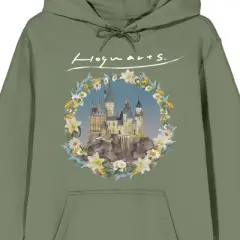 Harry Potter Hogwarts Castle Floral Art Long Sleeve Olive Adult Sweatshirt