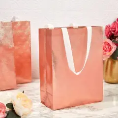 Sparkle and Bash 20 Pack Glossy Reusable Grocery Tote Bag, Gift Bags for Birthday and Wedding Party, Rose Gold, 13.2x10x4 in