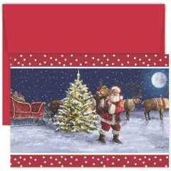 Masterpiece Studios Hollyville 16-Count Boxed Christmas Cards & Envelopes in Keepsake Box, 7.8" x 5.6", Santa and His Pack (940500)