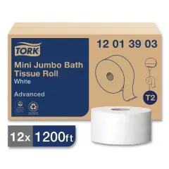 Tork Advanced Jumbo Bath Tissue, Septic Safe, 1-Ply, 3.48" x 1,200 ft, White, 12 Rolls/Carton