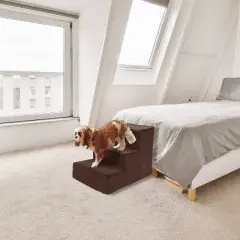 Precious Tails Sherpa High Density Foam Top Wide 3-Step Pet Stairs - Brown