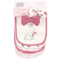 Hudson Baby Infant Girl Cotton Bib and Headband or Caps Set 8pk, Pink Bunny, One Size
