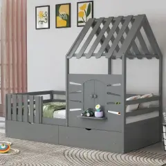 Twin Size Wooden House Platform Bed for Kids, Playhouse Design Bed Frame with Roof & Window, 2 Storage Drawers, White/Gray - ModernLuxe