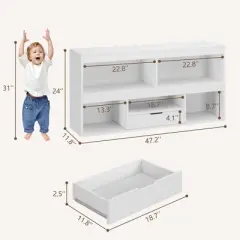 COZONY 47" Toy Storage Organizer with Drawer, Wooden Kids Bookshelf & 5-Cube Bookcase, Toy Chest for Playroom, Nursery, Kids Room, Classroom