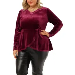 Agnes Orinda Women's Plus Size V Neck Tulip Hem Long Sleeve Peplum Velvet Tops