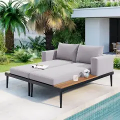 FIONECA Modern Outdoor Patio Daybed with Cushions, Metal Frame & Wood-Topped Side Tables, Convertible 2-in-1 Chaise Lounges, Gray
