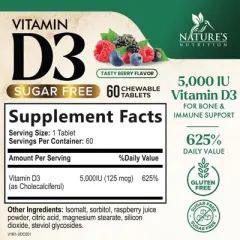 Vitamin D3 5000 IU (125 mcg) - Chewable Vitamin D Supplements for Bone, Teeth, Muscle & Immune Support, Sugar Free, Non-GMO - 60 Tablets