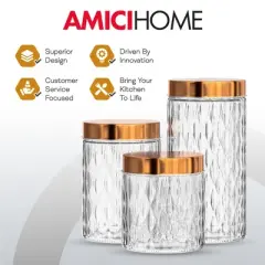 Amici Home Desmond Glass Container Storage Jar Set of 3, Metal Lid For Kitchen & Pantry Dry Food Storage, Clear with Copper Lid,32-48 & 60 oz.