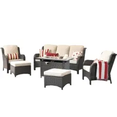 Ovios Orlando 6pc Gray Wicker Outdoor Patio Furniture Conversation Sofa Set with a Rectangle Fire Pit and Cushions