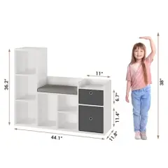 Kids Bookshelf, Children Bookcase with Soft Cushion Seat &ndash; Children&rsquo;s Toy Storage Cubby & Reading Nook, 44.1" Kids Storage Cabinet for Playroom