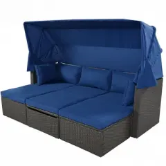 YOOCOZZ Outdoor Wicker Rattan 5-Level Reclining Daybed & Sunbed with Removable Canopy, Lifting Table and Ottomans