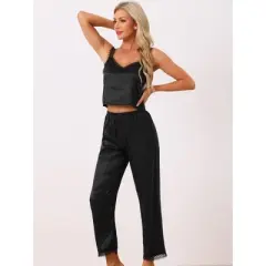cheibear Women's Satin Lace Trim Cami with Long Pant 2 Pieces Pajama Set