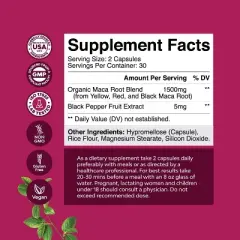 Organic Maca Root Capsules for Women, Potent Herbal Supplement with Female Enhancing Blend of Red Yellow & Black Maca Root, Nature's Craft, 60ct