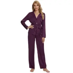 cheibear Womens Sleepwear V-Neck Tops with Belt Nightwear with Pants Loungewear Pajama Set