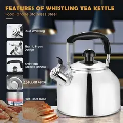Itopfox Stainless Steel Whistling Tea Kettle for Stovetop, 2.64 QT with Cool Grip Handle, Fast Boiling for Tea, Coffee, Milk, Durable & Safe