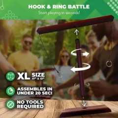 SWOOC Games - Battle Hooks XL Hook and Ring Game with Ladder - 5+ Games Included - 20 Second Set Up - Hook and Ring Toss Game for Adults - Wooden Ring