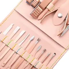 Unique Bargains 16pcs Manicure Set Nail Clippers Cutter Pedicure Kit with PU Leather Case Pink
