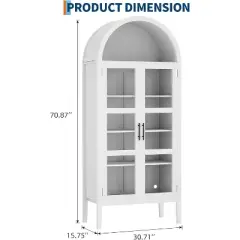 Arched Wine Cabinet with LED Lights - White Freestanding Storage Cabinet with Glass Doors for Kitchen, Dining Room