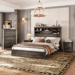4-Piece Bedroom Set, Wooden Queen Bed Frame with Storage Headboard, Charging Station, Nightstands & Dresser - ModernLuxe