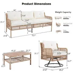Sapphtopaz 4-Piece Rattan Outdoor Sofa Set with Swivel Chairs, 3-Seater Sofa with 360&deg; Swivel Rocking Chairs & Wood Table, Wicker Patio Sectional Sofa