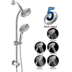 Itopfox Handheld & Rain Shower Combo with 5-Setting Spray, Adjustable Slide Bar, Flexible Hose, and Self-Cleaning Nozzles in Polished Chrome
