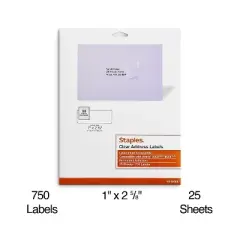 Staples Laser/Inkjet Address Labels 1" x 2 5/8" Clear 30 Labels/Sheet 575748
