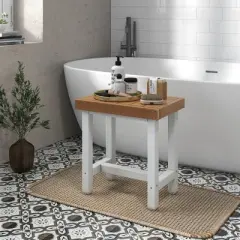 Costway 18'' x 12'' Heavy Duty HDPE Waterproof Shower Bench Spa Bath Shower Stool Brown & Off White