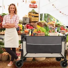 DSVIMOY Extra Large 300L Folding Wagon Cart with 480lbs Capacity, Side Pockets, and Drink Holders for Camping, Gray&Khaki, 41.34"*25.2"*44.17"