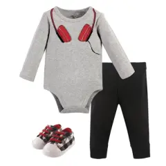 Little Treasure Baby Boy Cotton Bodysuit, Pant and Shoe 3pc Set, Red Headphones