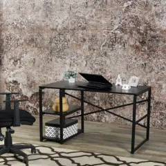 GlasFlength Desks Metal Frame 2 Shelves Computer Desk Gaming Desk Home Office Desk Simple Design for Small Spaces, Black, 25"*47"*28"