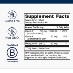 Metagenics D3 + K2: Immune, bone & heart support, non-GMO, gluten-free, 10,000 IU, 60 softgels.
