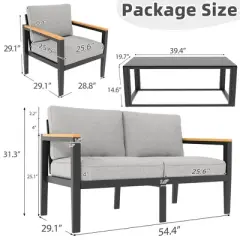 Outdoor Patio Sofa Set 4 Piece Aluminum Furniture with Glass Coffee Table and Washable Cushions for Garden, Porch, Terrace