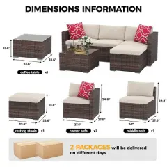 5 Piece Outdoor Patio Sofa Set with Glass Coffee Table, PE Wicker Conversation Furniture for Garden, Backyard, Poolside