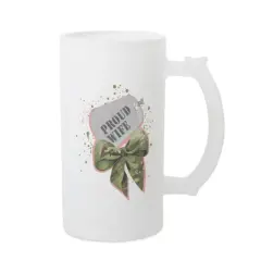 Elanze Designs Freezable Beer Stein Mug With Thumb Grip Handle, 16 Ounce Frosted Glass, Proud Wife Military Bow