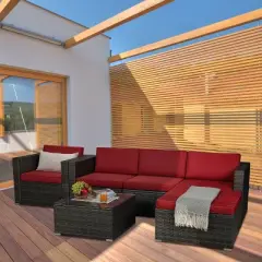 6pc Outdoor Rattan Wicker Conversation Set with Chairs, Coffee Table & Cushions - Gray/Red - GODEER