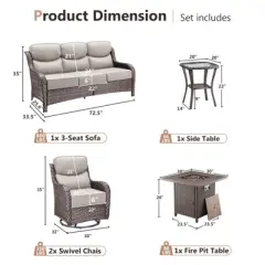 Gymojoy 5 Pieces Outdoor Patio Wicker Sofa Swivel Chair with 6 Inch Cushions and Fire Pit Table