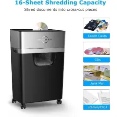 BONSEN 16-Sheet Heavy Duty Paper Shredder, 60-min runtime, cross-cut CD shredder, 60dB low noise, 5.3-gallon bin, anti-jam for home/office use