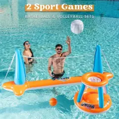 Joyfy Inflatable Pool Float Set Volleyball Net & Basketball Hoops, Floating Swimming Game Toy for Kids and Adults, Summer Floaties - Orange