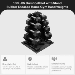 BalanceFrom Dumbbell Set with Stand, 4 Pair Rubber Encased Hand Weights, Home Gym Fitness Equipment, 100 Lb, Black